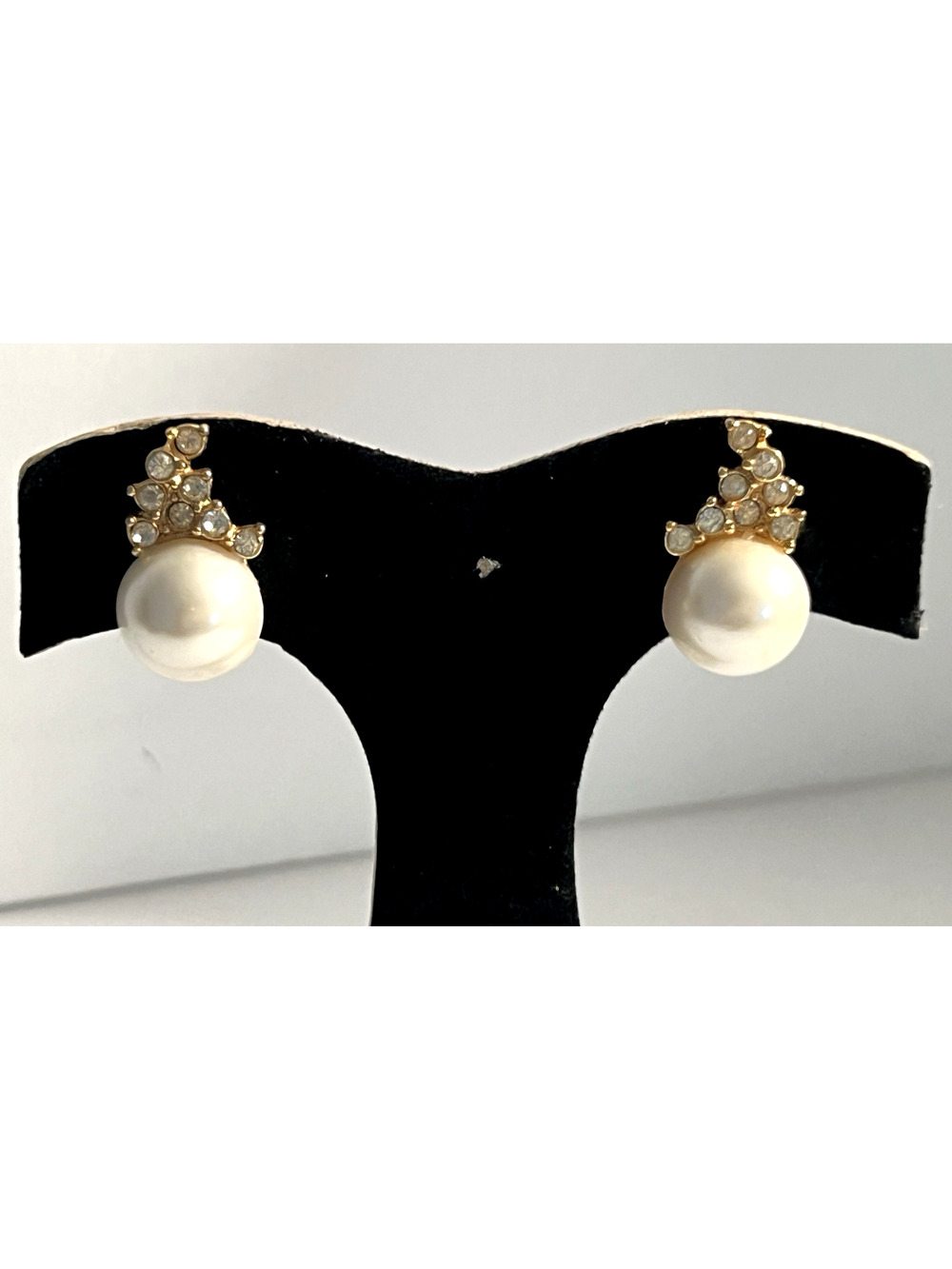 Faux Pearl And Rhinestone Earrings Gold Plated Clip On Vintage
